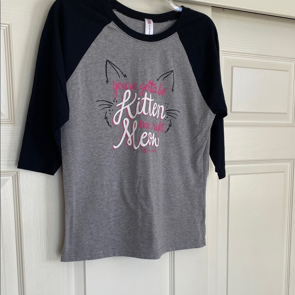 Gray and Black Long Sleeve Raglan Tee with Cat Graphic